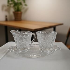 Vintage Clear Pressed Glass Creamer & Sugar Set with Matching Tray | EAPG Diamon